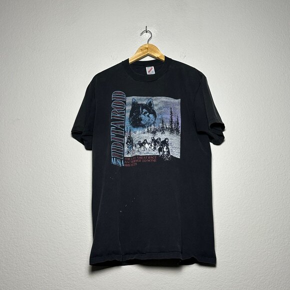 VTG Alaska Iditarod Dog Sled Shirt Men L Black Wolf Husky USA Racing Sports 90s - Picture 1 of 14